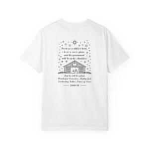 White Christian t-shirt with Isaiah 9:6 scripture, stars and barn design.