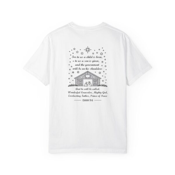 White Christian t-shirt with Isaiah 9:6 scripture, stars and barn design.