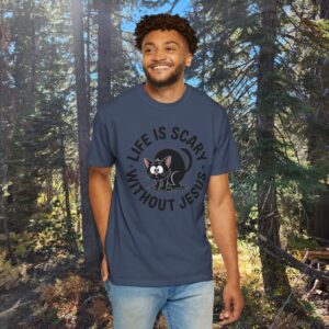 Life Is Scary Without Jesus Christian T-Shirt - Scared Black Cat Tee - Image 34
