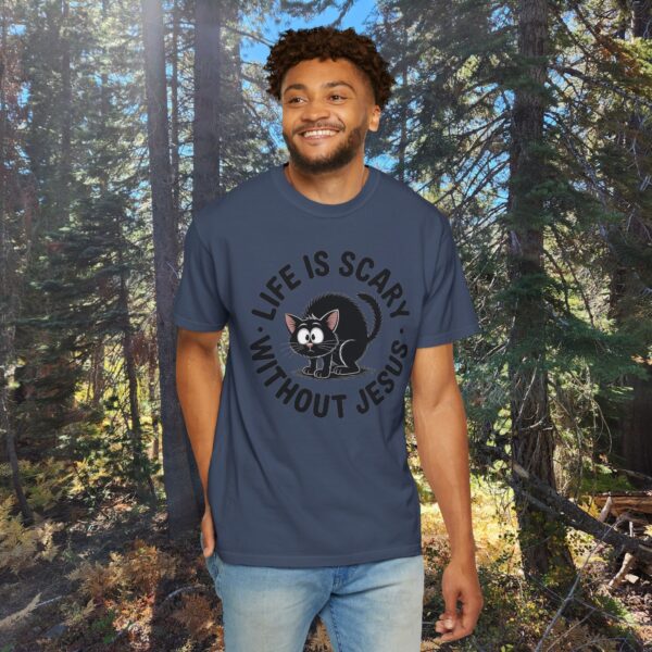 Model of Life Is Scary Without Jesus Christian T-Shirt - Scared Black Cat Tee 66