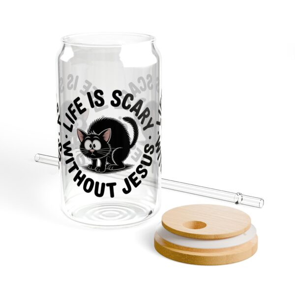 Model of Life is Scary Without Jesus Christian 16oz Sipper Glass - Adorable Black Cat 4