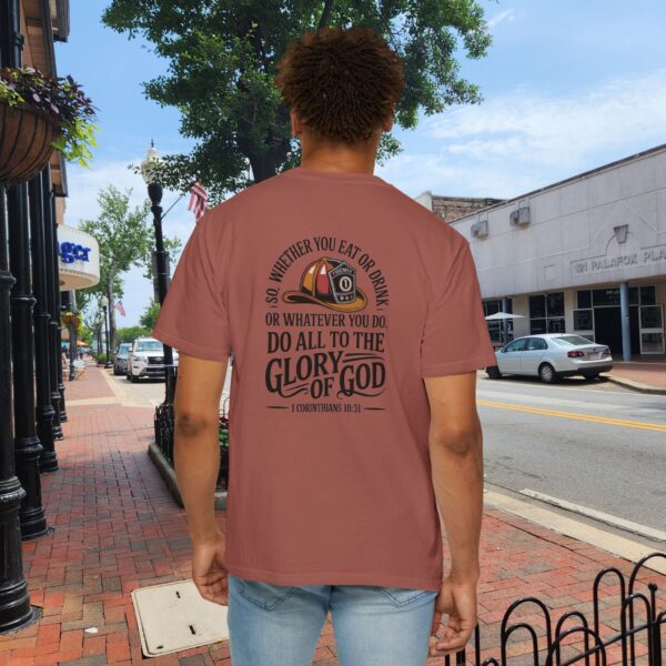 Model of Christian Firefighter T-Shirt 1 Corinthians 10:31 - Do All to the Glory of God 32