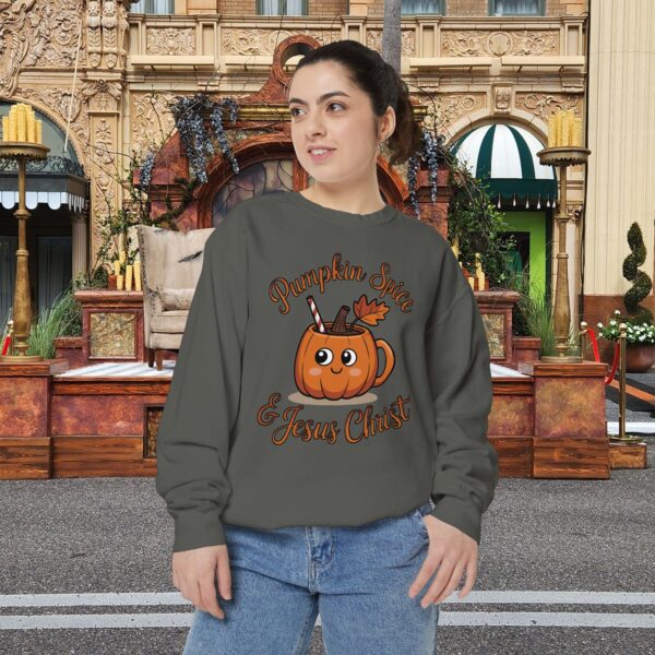 Model of Pumpkin Spice and Jesus Christ Fall Christian Sweatshirt 18