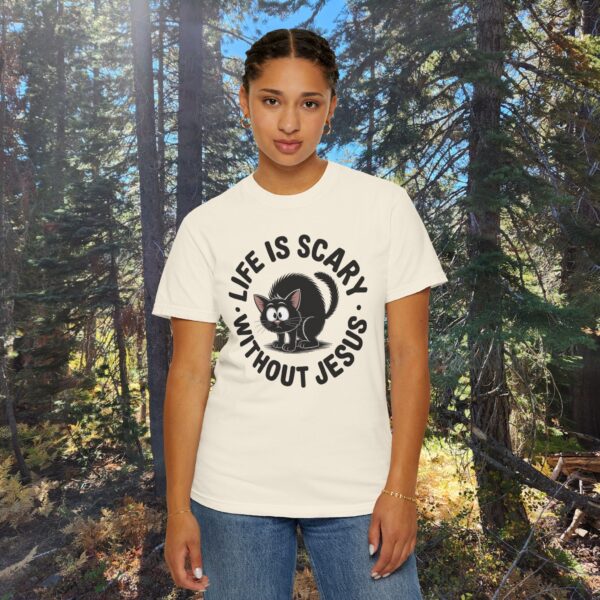 Model of Life Is Scary Without Jesus Christian T-Shirt - Scared Black Cat Tee 36