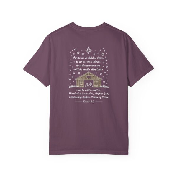 Purple Christian t-shirt with Isaiah 9:6 scripture, stars and barn design.