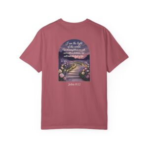 Pink Christian t-shirt with John 8:12 scripture, lit stairway path with flowers and sunset design.