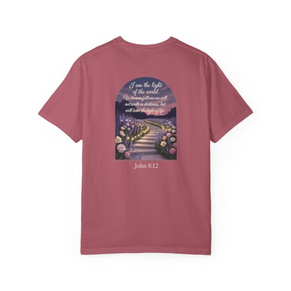 Pink Christian t-shirt with John 8:12 scripture, lit stairway path with flowers and sunset design.