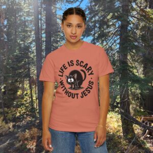 Life Is Scary Without Jesus Christian T-Shirt - Scared Black Cat Tee - Image 11