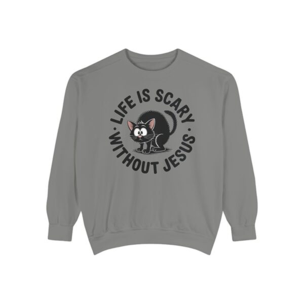Gray Life is Scary Without Jesus Halloween Sweatshirt, design showing a cute frightened black cat.