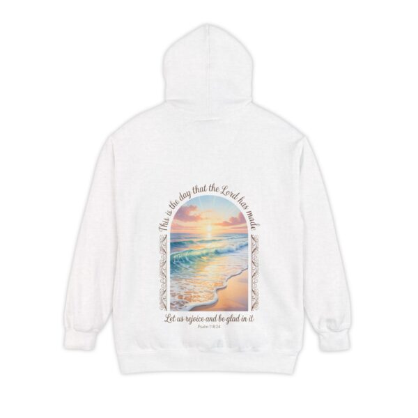 Model of The Day the Lord Has Made Christian Hoodie - Comfort Colors Beach Sunset Psalm 118:24 Christian Sweatshirt 10