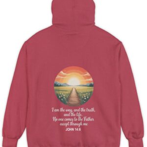 Red Comfort Color hoodie sweatshirt with a sunset sunrise in a field with a path through a meadow and mountains in the background with I am the way, and the truth, and the life. No one comes to the Father except through me printed on it. John 14:6
