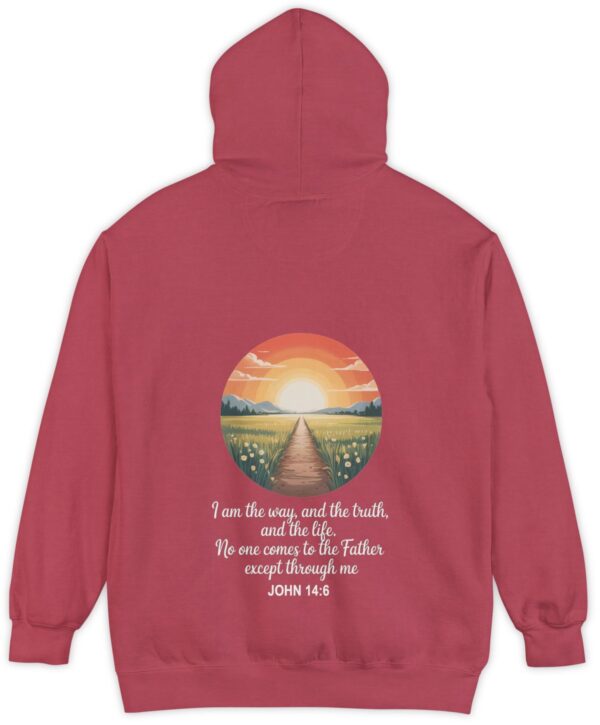 Red Comfort Color hoodie sweatshirt with a sunset sunrise in a field with a path through a meadow and mountains in the background with I am the way, and the truth, and the life. No one comes to the Father except through me printed on it. John 14:6