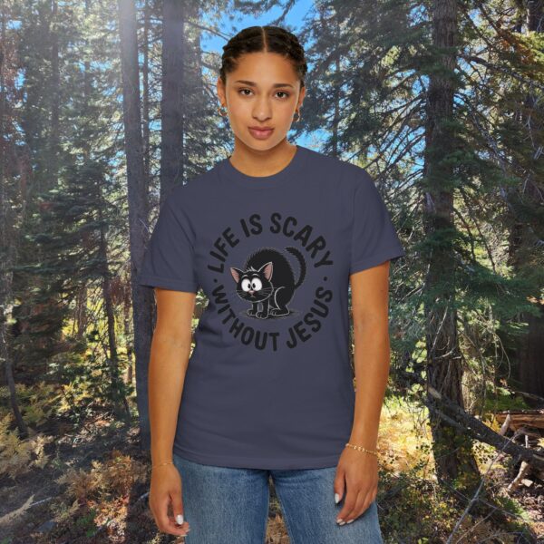 Model of Life Is Scary Without Jesus Christian T-Shirt - Scared Black Cat Tee 76