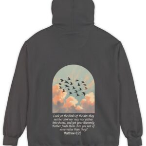 Dark grey Comfort Colors hoodie sweatshirt with birds in flight and Look at the birds of the air; they neither sow nor reap nor gather into barns, and yet you heavenly Father feeds them. Are you not of more value than they? printed on it. Matthew 6:26