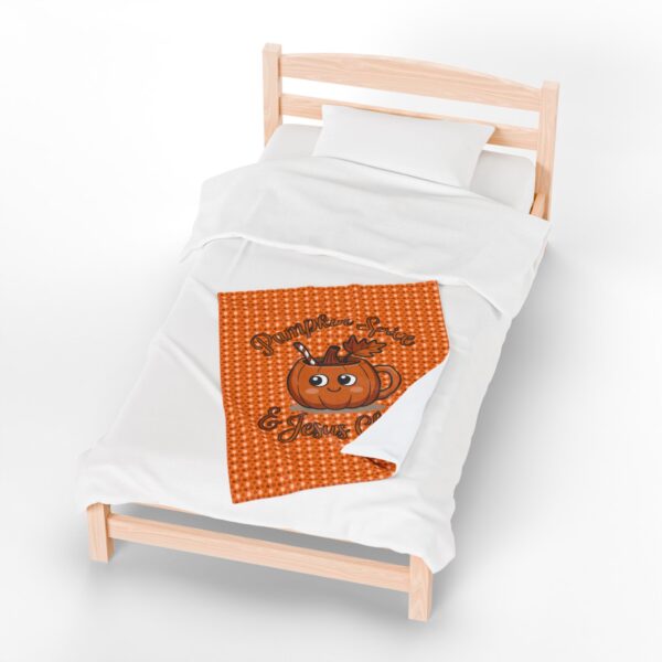Model of Pumpkin Spice and Jesus Christ Velveteen Blanket 14