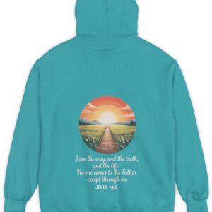 Tropical blue green Comfort Color hoodie sweatshirt with a sunset sunrise in a field with a path through a meadow and mountains in the background with I am the way, and the truth, and the life. No one comes to the Father except through me printed on it. John 14:6