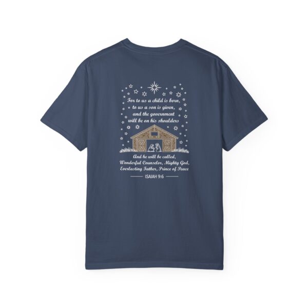Blue Christian t-shirt with Isaiah 9:6 scripture, stars and barn design.