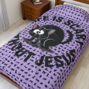 Life is Scary Without Jesus Christian Blanket - Black Cat Velveteen Blanket - Image 4
