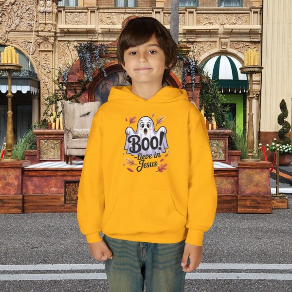 Model of Boo-lieve in Jesus Ghost Kids Christian Hoodie 24