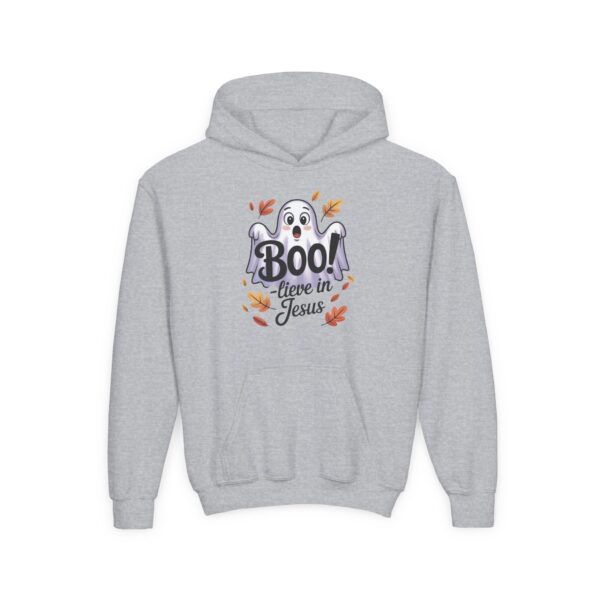 Model of Boo-lieve in Jesus Ghost Kids Christian Hoodie 20