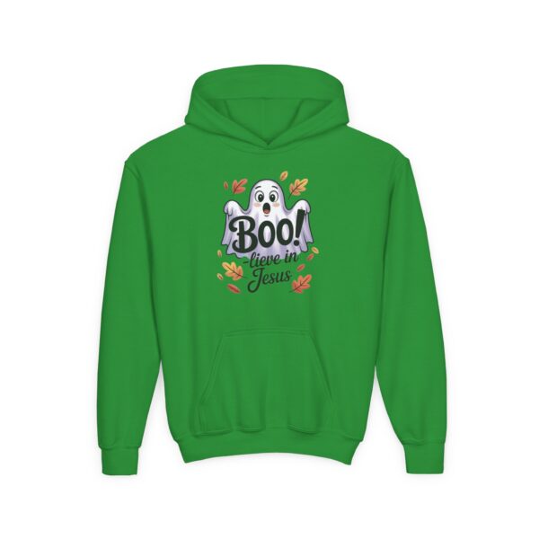 Model of Boo-lieve in Jesus Ghost Kids Christian Hoodie 4