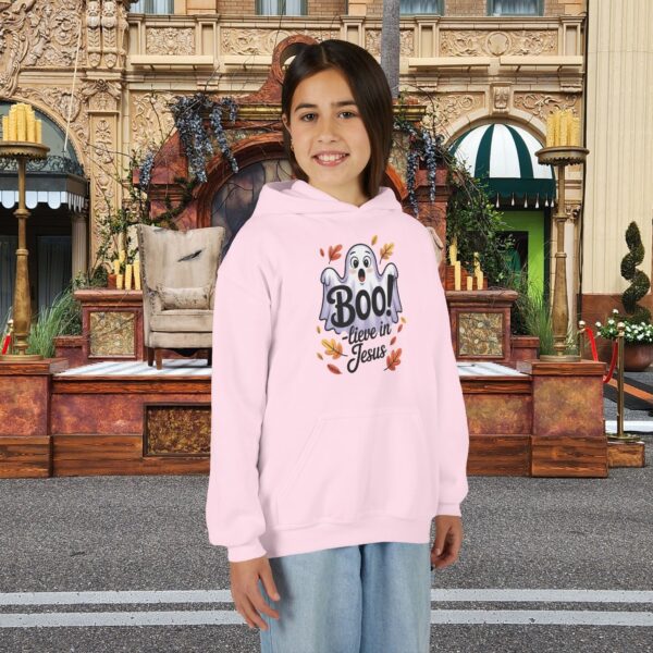 Model of Boo-lieve in Jesus Ghost Kids Christian Hoodie 58