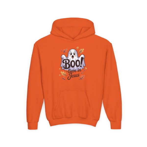Model of Boo-lieve in Jesus Ghost Kids Christian Hoodie 36