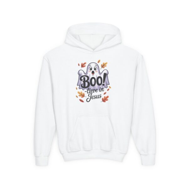 Model of Boo-lieve in Jesus Ghost Kids Christian Hoodie 12