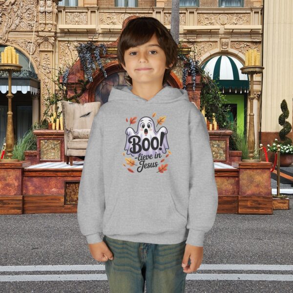 Model of Boo-lieve in Jesus Ghost Kids Christian Hoodie 16