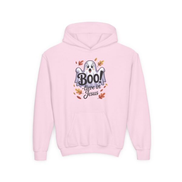 Model of Boo-lieve in Jesus Ghost Kids Christian Hoodie 60