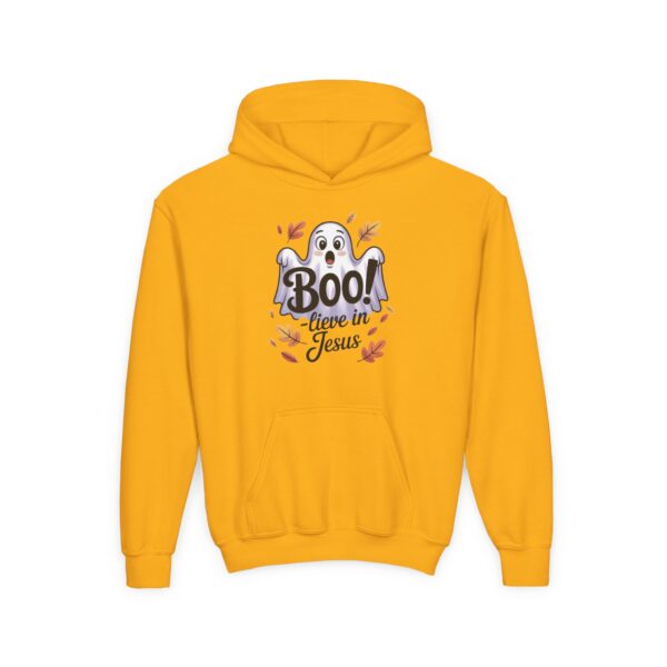 Model of Boo-lieve in Jesus Ghost Kids Christian Hoodie 28