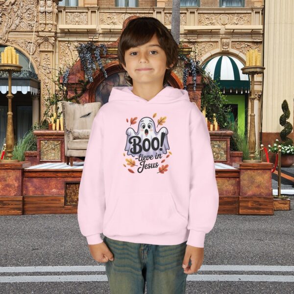 Model of Boo-lieve in Jesus Ghost Kids Christian Hoodie 56