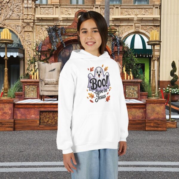 Model of Boo-lieve in Jesus Ghost Kids Christian Hoodie 10