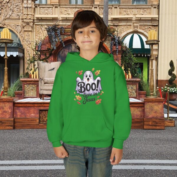 Model of Boo-lieve in Jesus Ghost Kids Christian Hoodie 1
