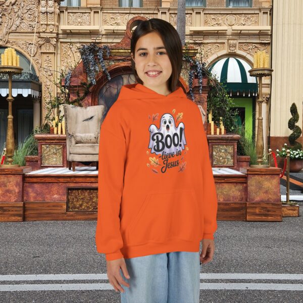 Model of Boo-lieve in Jesus Ghost Kids Christian Hoodie 34