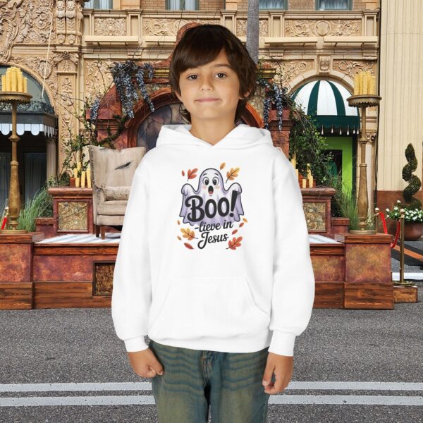 Model of Boo-lieve in Jesus Ghost Kids Christian Hoodie 8