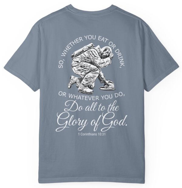 Light blue So whether you eat or drink or whatever you do, do all to the Glory of God Christian t-shir 1 Corinthians 10:31.