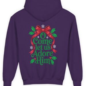 Purple Oh Come Let Us Adore Him Christian Comfort Colors Kids Sweatshirt Hoodie.