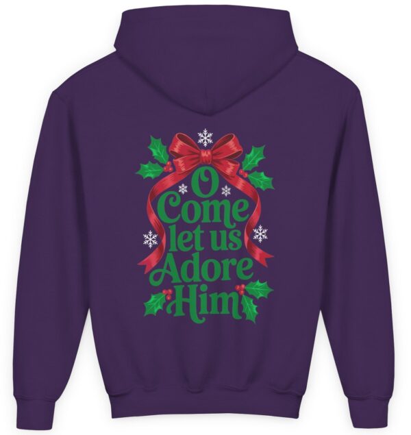 Purple Oh Come Let Us Adore Him Christian Comfort Colors Kids Sweatshirt Hoodie.