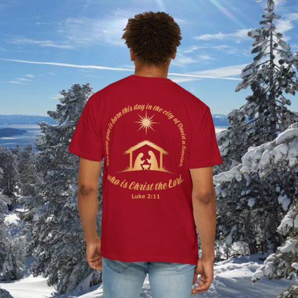Model of For Unto You Is Born Manger Scene Christian T-Shirt 52