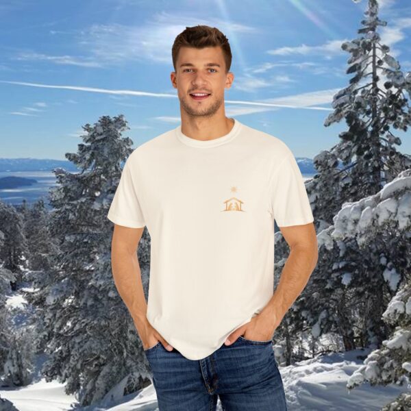 Model of For Unto You Is Born Manger Scene Christian T-Shirt 4
