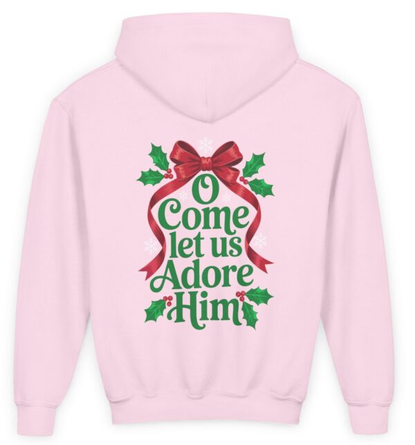 Pink Oh Come Let Us Adore Him Christian Comfort Colors Kids Sweatshirt Hoodie.