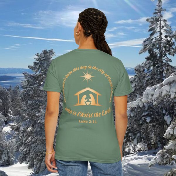 Model of For Unto You Is Born Manger Scene Christian T-Shirt 10