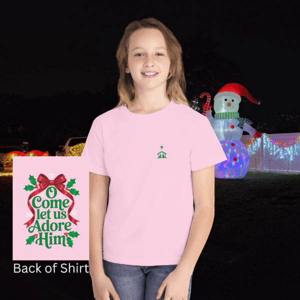 Model of O Come Let Us Adore Him Christian Kids T-Shirt 1