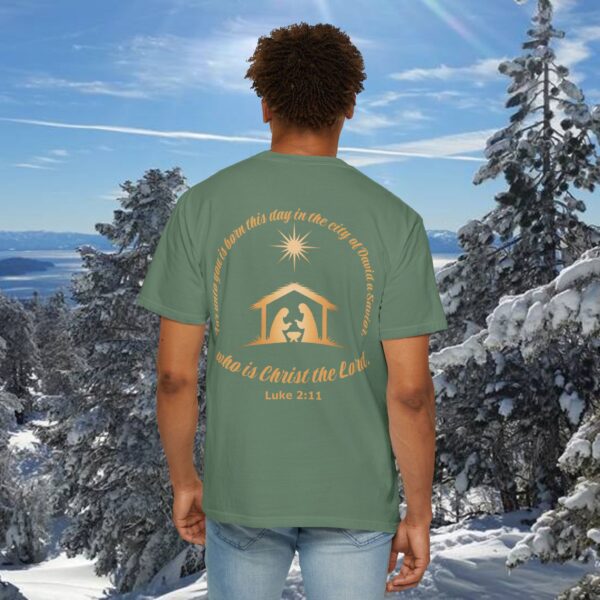 Model of For Unto You Is Born Manger Scene Christian T-Shirt 12