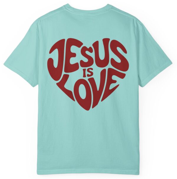 Blue green Comfort Colors Jesus is Love Christian t-shirt with a red printed heart that forms the words "Jesus is Love".