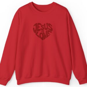 Red Gildan Jesus is Love Christian Embroidered Sweatshirt with a dark red embroidered heart that forms the words "Jesus is Love".