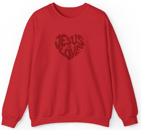 Red Gildan Jesus is Love Christian Embroidered Sweatshirt with a dark red embroidered heart that forms the words "Jesus is Love".