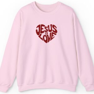 Light Pink Gildan Jesus is Love Christian Embroidered Sweatshirt with a dark red embroidered heart that forms the words "Jesus is Love".