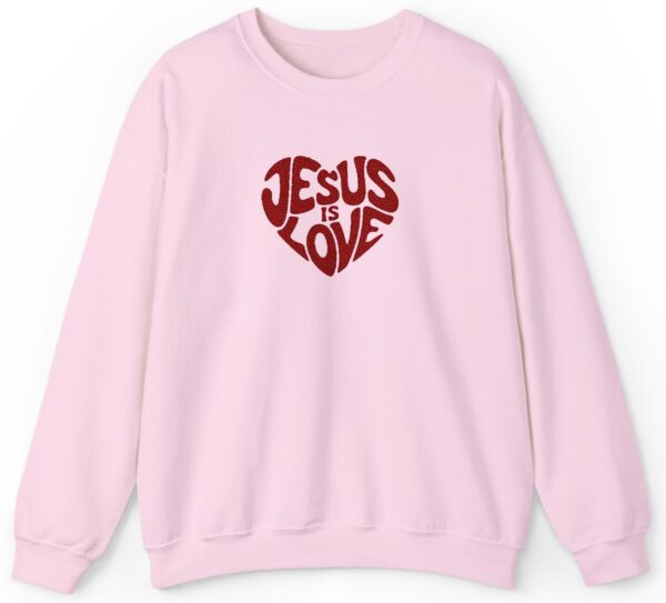 Light Pink Gildan Jesus is Love Christian Embroidered Sweatshirt with a dark red embroidered heart that forms the words "Jesus is Love".